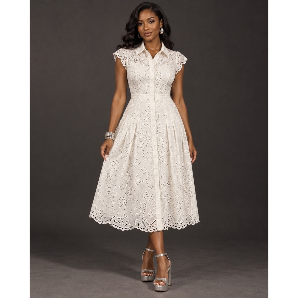 White House Black Market Embroidered Eyelet Midi Shirtdress White 14 NWT
